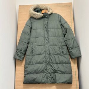 Gap Mens Sage Green Quilted Puffer Parka Faux Fur Hood Jacket Medium 5855
